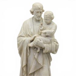 Carved stone and alabaster figure group of Saint Joseph and the Christ Child, modelled standing holding the infant, draped in flowing robes, raised on square plinth base