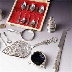 Silver three piece condiment set London 1973-1976 Maker C J Vander Ltd, George III silver sauce ladle London 1798, five silver coffee spoons, Dutch pierced silver server, silver handled knife, silver handled magnifying glass and small silver dish