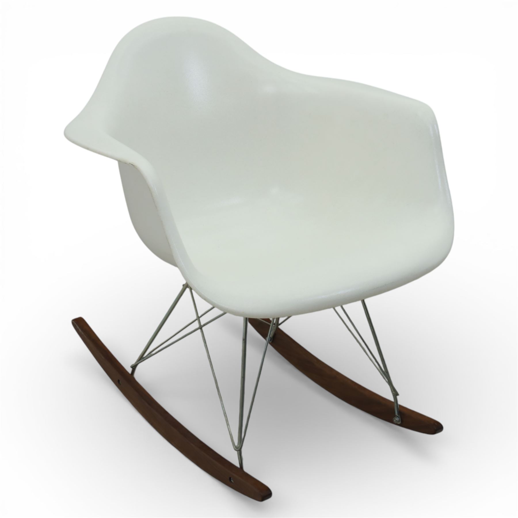 Modernica Los Angeles - RAR rocking chair, moulded white fibreglass shell with integrated arms, raised on chrome wire supports with shaped stained wooden rocking runners