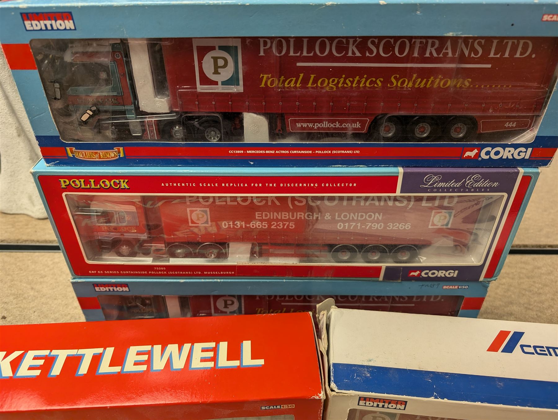 Five Corgi limited edition 1:50 scale lorries, comprising CC13608 M.Kettlewell DAF CF Bulk Tipper, C13518 Volvo FM Feldbinder Tanker, two CC18809 Mercedes Benz Actros Curtainside Pollock Scotrans Ltd and 75205 ERF EC Series Curtainside Pollock Scotrans Ltd, all boxed