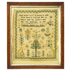 Early 19th century sampler, finely worked with silk, depicting the Tree of Life, Adam and Eve, and various motifs including urns of flowers, cherubs, figures, and buildings, beneath verse detailed 'What Friend have I in heaven or earth What Friend to trust But thee my Fathers dead my mothers dead My God Remember me 1837', within strawberry vine border, in oak frame, overall H35.5cm W30.5cm