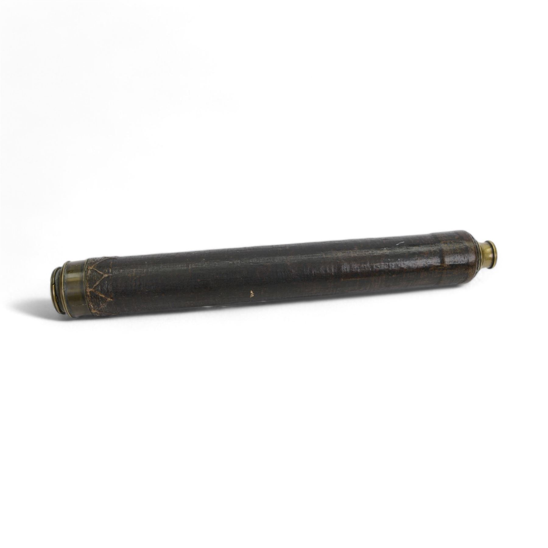 19th century leather bound brass single draw telescope, inscribed Doland London, full length L89cm