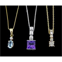 9ct white gold amethyst and diamond pendant necklace, five stone diamond pendant  and a aquamarine and diamond pendant, both stamped 10K, on 9ct gold chain necklaces