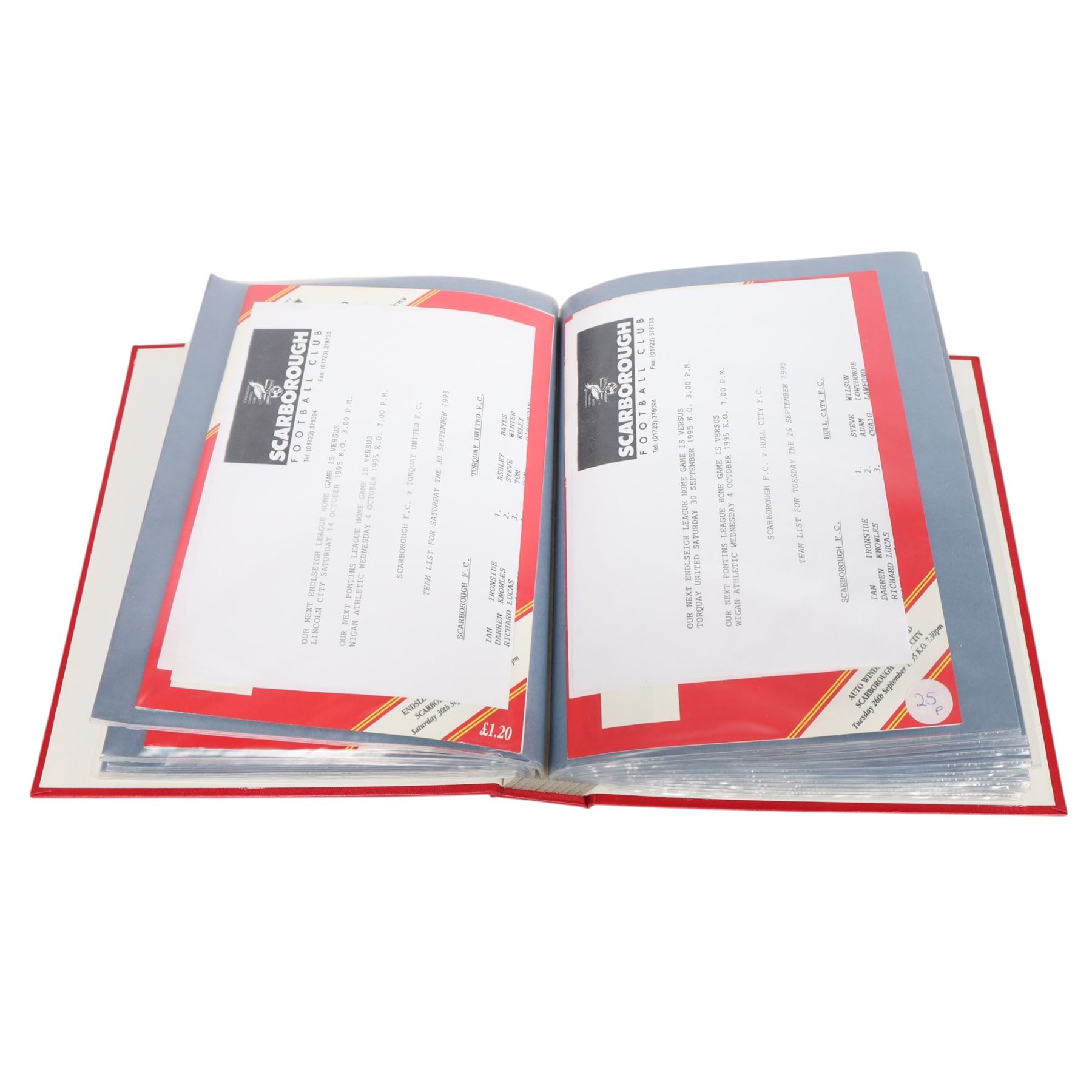 Comprehensive collection of approximately one-hundred and seventy Scarborough FC football programmes for the 1993/94, 1994/95 and 1995/96 seasons, all filed within six dedicated Scarborough FC red Home and Away binders