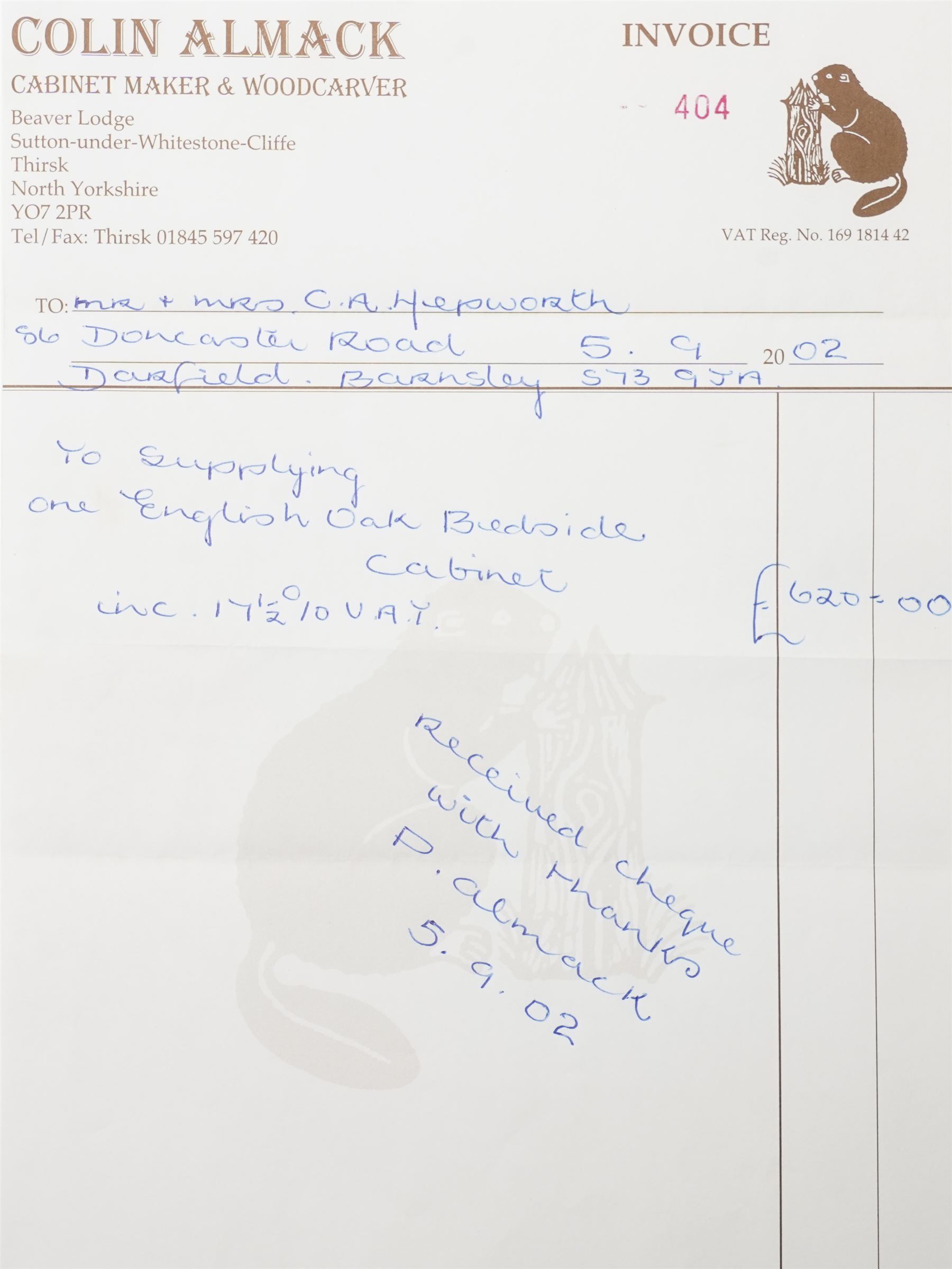 Beaverman - pair of oak bedside cabinets, each with plain rectangular top over single drawer and cupboard below with fielded panels and wrought iron hardware, with signature carved beaver, by the workshop of Colin Almack, Thirsk