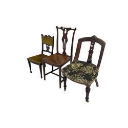 Late 19th mahogany nursing chair, cresting rail with carved cartouche, central splat pierced and carved with flowerhead and geometric design, upholstered seat, raised on turned and fluted tapering supports with brass and ceramic castors; George III Chippendale-style mahogany dining chair, shaped cresting rail with pierced and scrolled slat back; small Edwardian inlaid mahogany bedroom chair, pierced and inlaid urn design, upholstered seat and back (3)