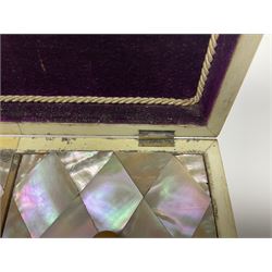 Victorian mother of pearl tea caddy, of rectangular bow-fronted form, the body with floral, bird and geometric engraved mother of pearl panels, white metal shield plaque to the cover inscribed with the initials G.J.A and similar escutcheon, the two division interior with ivory edging and two panelled mother of pearl lids, on four vegetable ivory bun feet L20cm, together with a similar style mother of pearl card case (2) This item has been registered for sale under Section 10 of the APHA Ivory Act