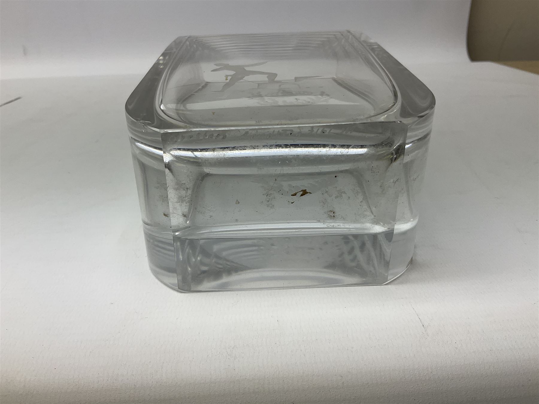 Orrefors art glass vase decorated with engraved Romeo and Juliet balcony scene, designed by Nils Lanberg circa 1950's, no. 3161, with etched marks beneath, H20cm