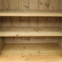 Victorian stripped pine and glazed dresser, projecting ovolo cornice over glazed doors enclosing two shelves, the base fitted with two drawers over panelled cupboards with ceramic handles, on moulded skirted base