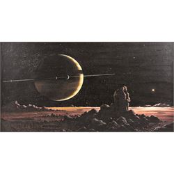 David A Hardy (British 1936-): Moons of Saturn, oil on board signed, 37cmx70cm
Notes: Thi...