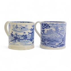 Two large 19th century blue and white transfer decorated pearlware mugs, the first example depicting a Chinese landscape with pagoda, and figures at rest and play, the second a pastoral landscape with shepherd and goats by waters edge, each approximately H12.5cm