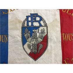 French State Police banner as the tricolor flag embroidered with coloured and metallic thread 'Societe De Secours Mutuels Un Pour Tous Tous Pour Un De La Police D'Eteat De Marseille' to one side; plain flag verso; tassels to three sides 100 x 113cm