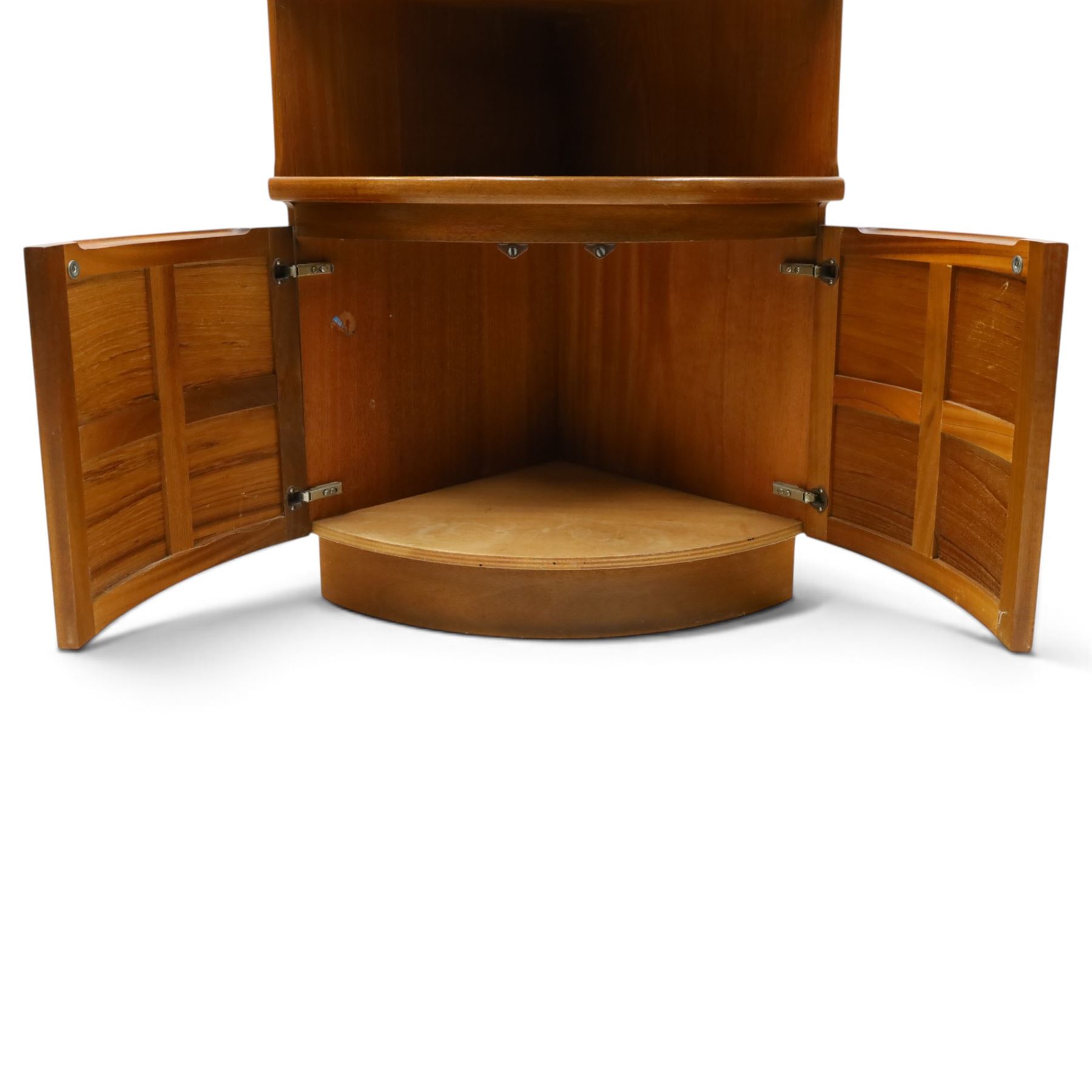 Nathan - 'Squares' open corner bookcases, with two adjustable shelves above an open recess with twin square panelled doors, raised on a plinth base
