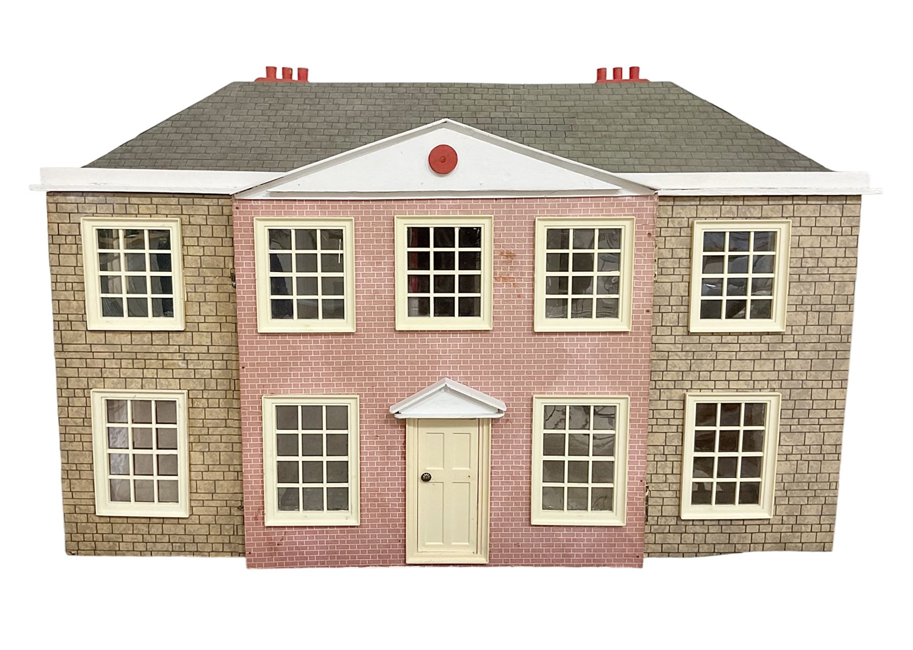 Modern scratch-built Palladian style wooden dolls  house as a 19th century double fronted two-storey property with simulated brick and stone walls under a removable simulated slate hipped roof; the triple hinged front elevation opening to reveal six rooms with central hall, stairs and landing L94cm H56cm D40cm