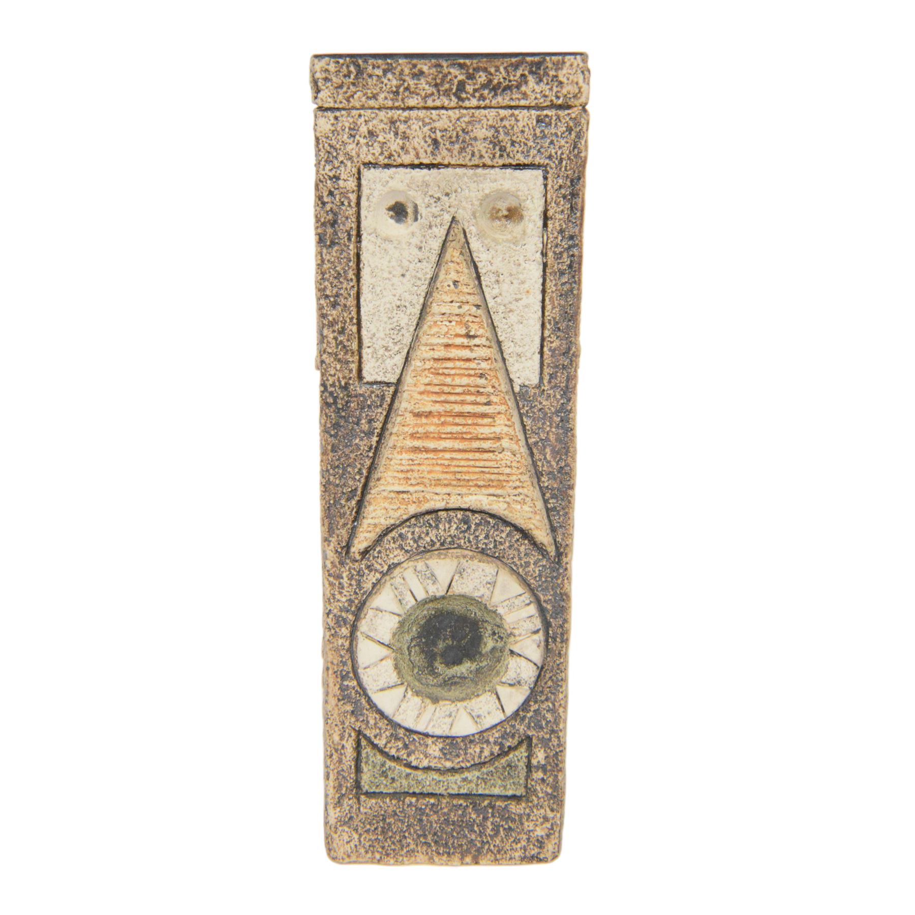 Avril Bennet for Troika Pottery, rectangular form vase with incised geometric decoration, signed to base, H23cm 