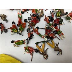 Vintage toys comprising 'Docking RMS Queen Mary' game, two boxed Pelham puppets, quantity of painted metal British soldiers to include Guardsmen, painted farm animal figures