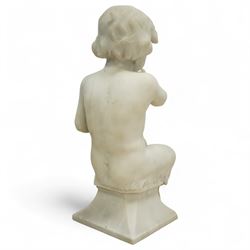 Follower of Claude Michel Clodion (French 1738-1814): The Putti-Faun Orchestra - set of four Italian carved white marble figures of child satyrs as musicians, each finely carved figure depicting a seated putto-faun with youthful features and small goat’s legs and cloven feet, variously playing rustic instruments: a syrinx (Panpipes), a flute, a tambourine and clappers - each raised on an integral waisted square plinth, Italian, circa 1900

Provenance: Kirkham Hall

Notes: Inspired by the rustic god Pan and his followers, these putti-fauns reflect the late-19th-century revival of classical themes popular with Grand Tour collectors; their instruments evoke the god Pan’s pastoral music, while the carving and  composition exemplify the appeal of bacchic subjects in the Italian neoclassical tradition