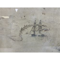 English School (Early 19th century): 'The Brigg Farnley of Hull, Leonard Brown Master, engaging a French Latine Privateer on the western coast of Sicily - Farnley's force 6 men 5 boys & a passenger - French force 60 men - 27th June 1812', Napoleonic War interest watercolour and ink unsigned 39cm x 48cm in period rosewood frame