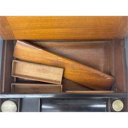Victorian mahogany writing slope, the brass bound hinged cover opening to reveal tooled leather and gilt interior with two glass inkwells, together with a similar parquetry inlaid writing slope, with central mother of pearl inlay enrgraved 'Sarah', tallest H17cm 