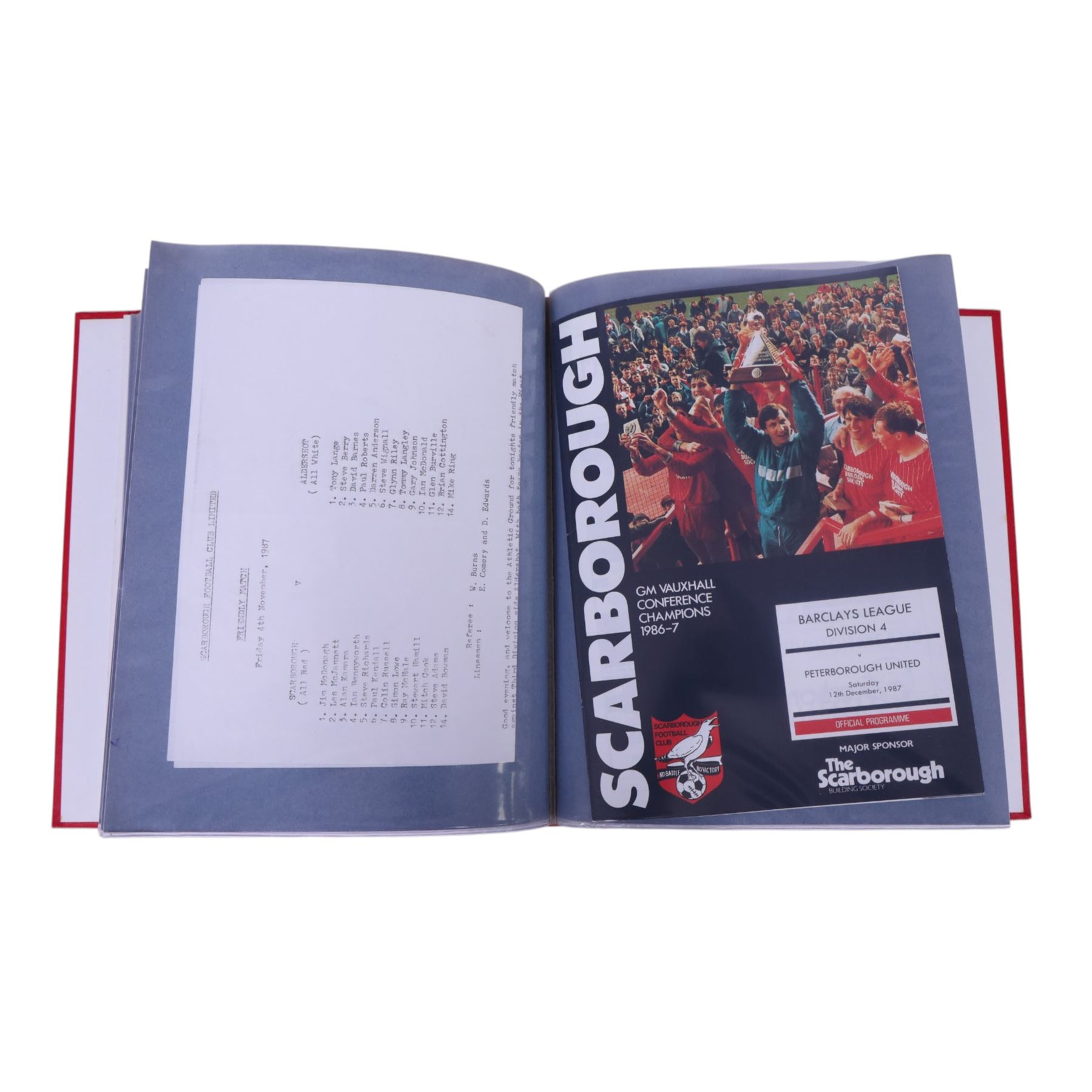 Comprehensive collection of approximately one-hundred and ninety Scarborough FC football programmes for the 1987/88, 1988/89 and 1990/91 seasons, all filed within six dedicated Scarborough FC red Home and Away binders 