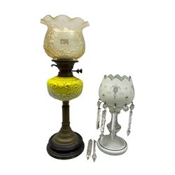 Victorian brass and yellow milk glass oil lamp, with moulded shade and reservoir, together with a white opaque glass lustre with painted decoration, tallest H55cm