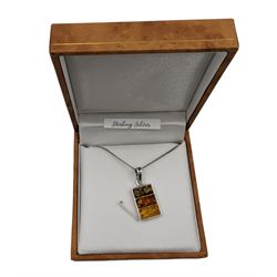 Silver tri-colour Baltic amber pendant necklace, stamped 925, boxed 