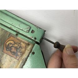 1934 Lindstrom's 'Airways' tin-plate bagatelle game by Lindstrom Tool and Toy Company Bridgeport Conn., the decorative bagatelle board depicting Lindstrom's epic airway routes; with wooden peg and quantity of balls H61cm