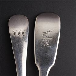 Pair of silver table spoons engraved with initials,  Sheffield 1926 Maker Pinder Bros. George III table spoon London 1803 and three other 19th century table spoons, various dates and makers