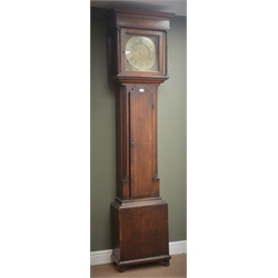  18th century oak longcase clock, walnut banded trunk door with shaped top, 30-hour movement striking on bell, 12'' x 12'' brass dial signed 'Will Hargraves, Settle', H222cm  