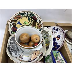 Twin handled cache pot in the style of Herend Hungary, stamped VA Portugal, decorated with birds upon branches, Mason's Ironstone large footed bowl in the Mandarin pattern, Spode Gainsborough bowl, Royal Doulton Bird of Paradise plate c1938 D4602, lustre plates, Aynsley, oriental style lidded vase, Portmeirion, lattice creamware, J & G Meakin Sol, Wedgwood, studio pottery, Spode York Minister boxed plate etc