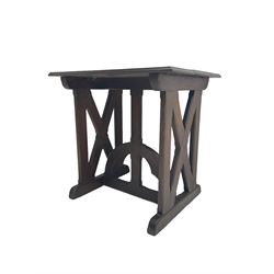 Arts and Crafts oak side table, rectangular top with moulded edge, raised on chamfered X-frame end supports united by demi-lune stretcher with gothic arch design 