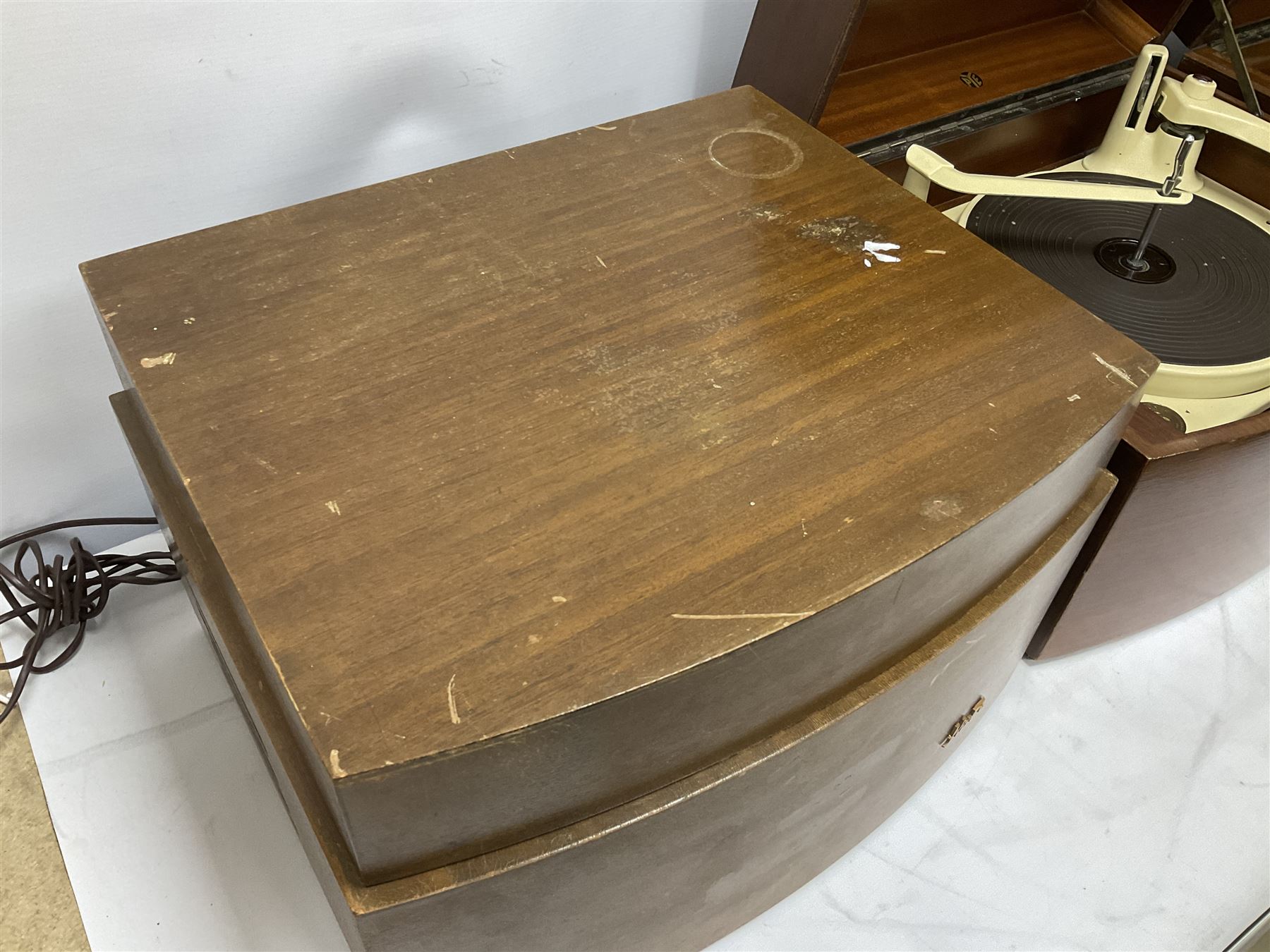 Three 1950s Pye Black Box Hi-Fi gramophones in mahogany cases, to include two examples with BSR Monarch turntable decks, W43cm D35cm H28.5cm