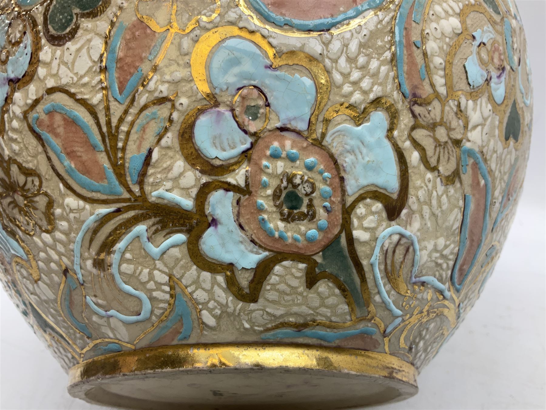 Three jardinières comprising West German Gerz example decorated in relief, Doulton Slaters example with frilled everted rim and a majolica example, and a further two Arthur Wood majolica jugs (5)