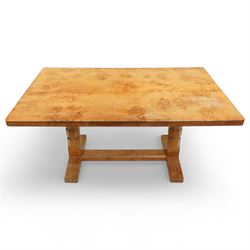 Mouseman - figured oak 5’ refectory dining table, rectangular top with burr figuring, rais...