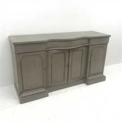 19th century painted breakfront console sideboard,  one long and two short drawers, plinth base, W168cm, H90cm, D60cm