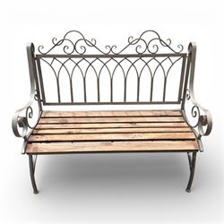 Antique grey painted metal garden bench with wood slatted seat