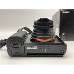 Sony Alpha 7R ILCE-7R camera body, serial no. 3985804, with 'Voigtlander Super Wide-Heliar f/4.5 15mm' lens, serial no. 9250212, camera with charger and in original box