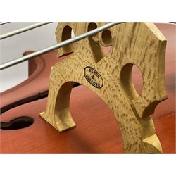 3/4 size cello with soft case, 69cm back length, 114cm full length, with bridge, ebonised tail piece and fingerboard.