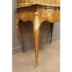  20th century French ormolu mounted marquetry, Bonheur du Jour, raised serpentine top with two doors, enclosed by figural mounts, projecting base with leather inset writing slide drawer, angular cabriole legs with floral scroll mounts, all over decorated with coloured wood panels of ribbon tied floral bouquets, W80cm, H134cm, D44cm  