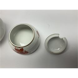 Herend Chinese Bouquet Rose pattern tea service comprising teapot, coffee pot, open sucrier, six cups and saucers, six tea plates, cream jug and stand, milk jug, two teabag holders, preserve pot, two leaf shaped dishes, four egg cups, salt & pepper pots, pair side plates and another plate