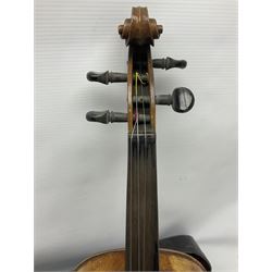 Late 19th century Saxony violin with 36cm one-piece maple back and ribs and spruce top; bears label 'Josef Klotz in Mittenwalde Anno 1795' L60cm overall; in ebonised wooden 'coffin' case