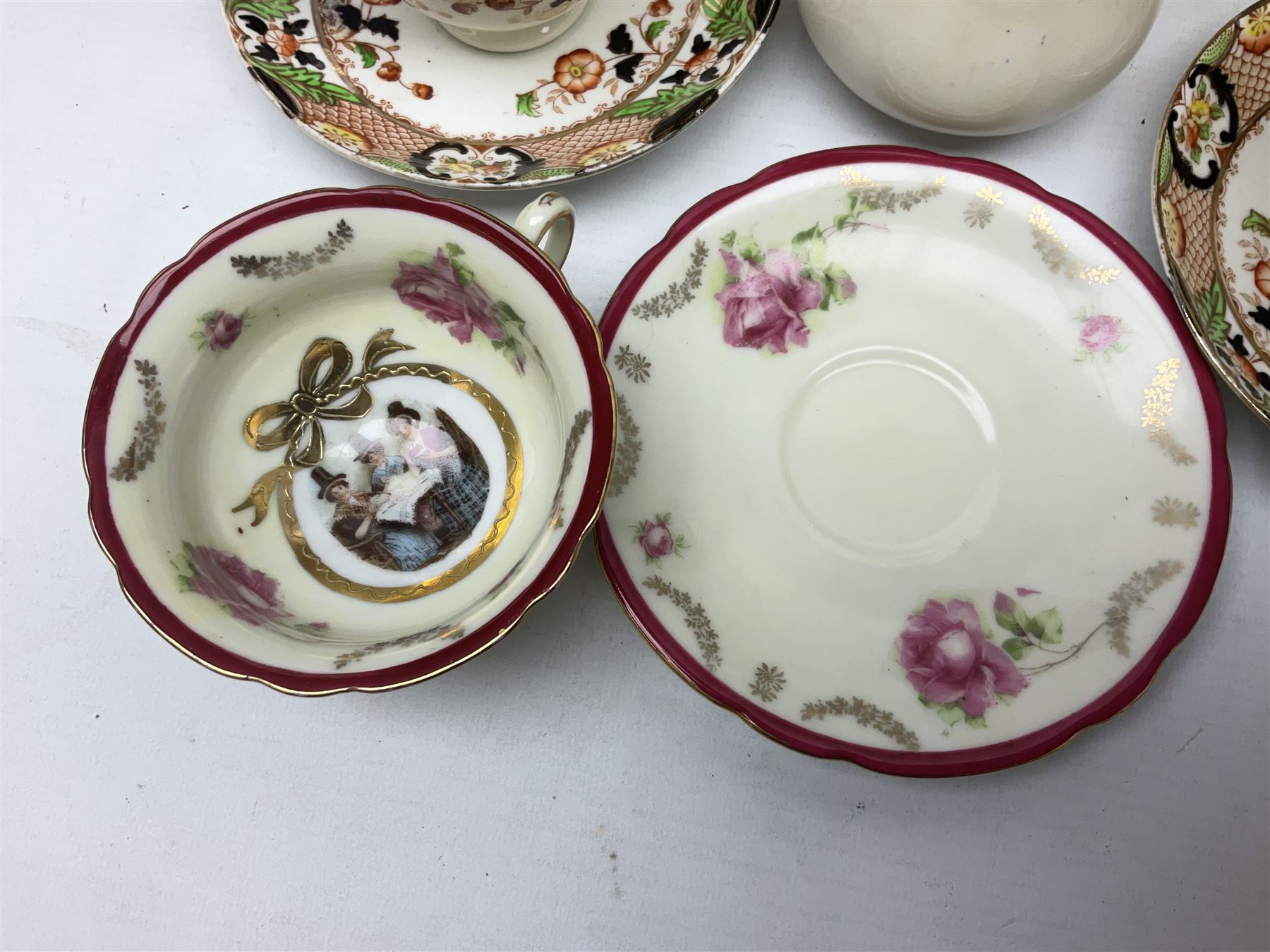 Calais Imari style part tea service, Mason's Chartreuse pattern plate, Arthur Wood Gaudy Welsh style coffee pot, and Victoria Ware teacup and saucer