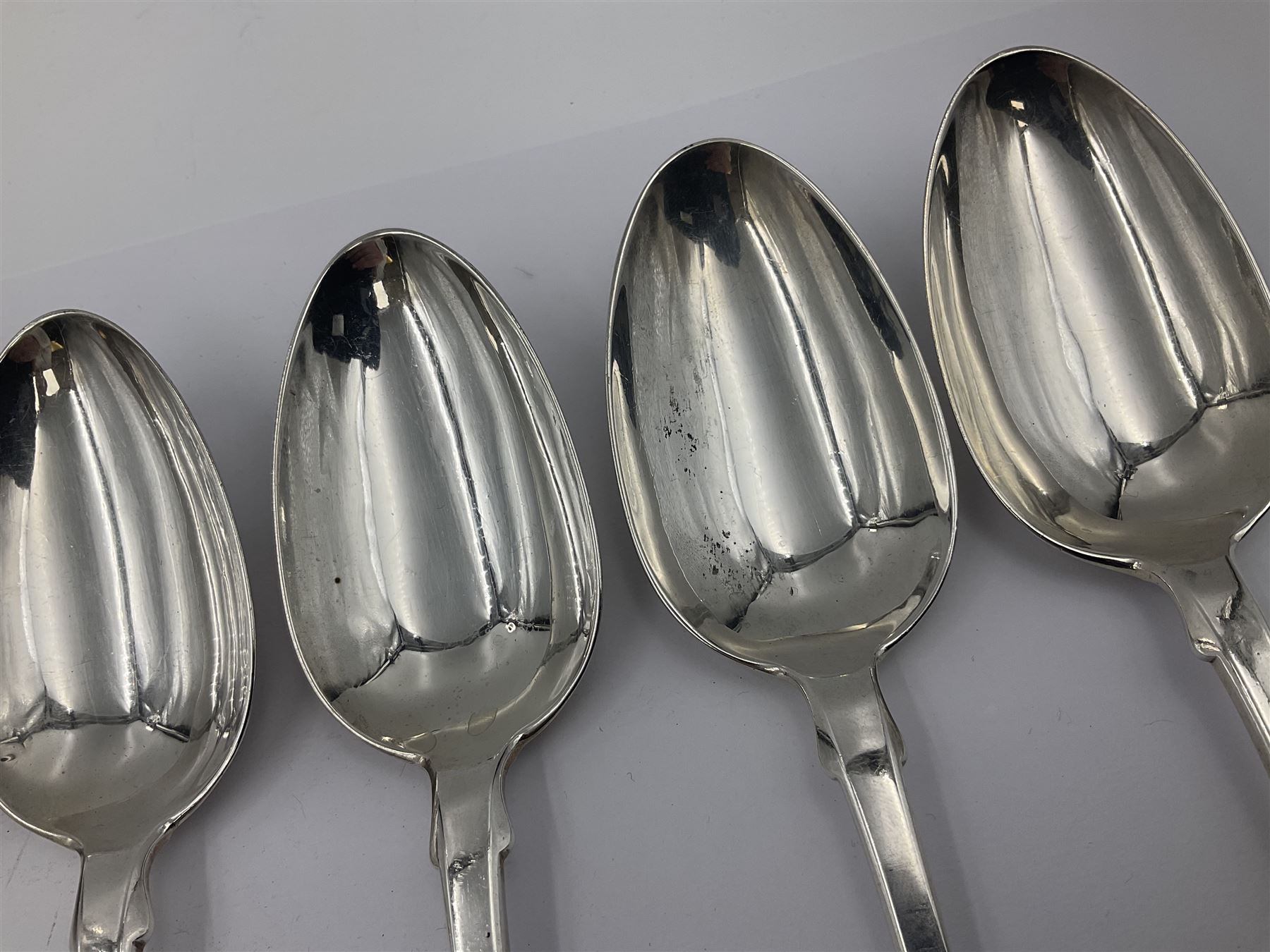 George IV Scottish silver Kings pattern cutlery for six place settings, to include table spoons, table forks, dessert spoons and dessert forks, all engraved with shamrock crest to terminal, hallmarked Robert Gray & Son, Glasgow 1833