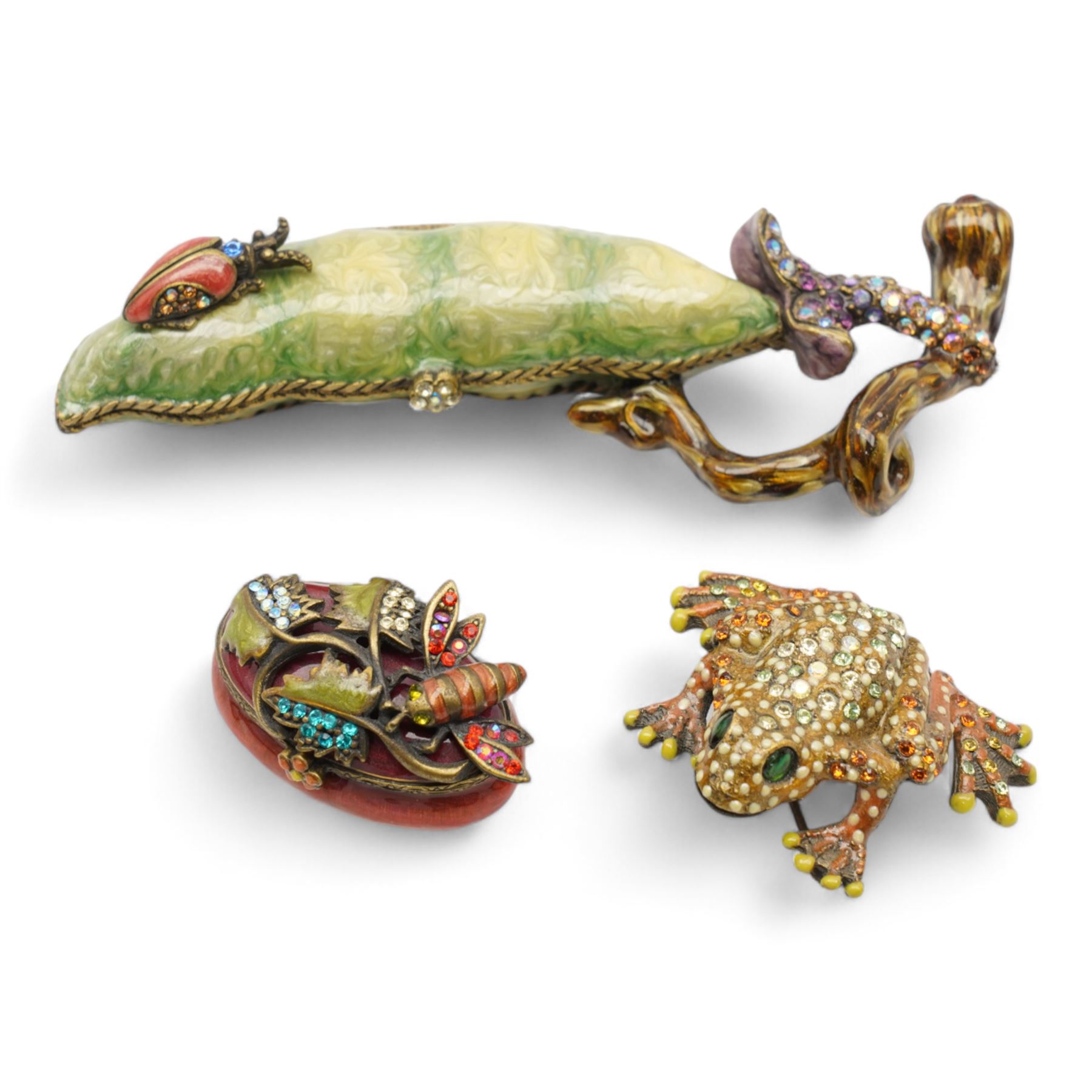 Jay Strongwater - 'Two Peas in a Pod' enamel trinket box, L11.5cm, frog brooch and small trinket box, decorated with a fly and trailing leaves, all set with Swarovski crystals (3)