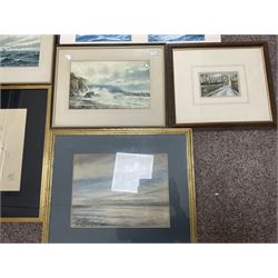 Collection of watercolours and other pictures, artists including FW Ridley (pair), AD Bell (pair unframed), James Orrock, Mel Fowler, Gianni, Michael Major (of Scalby Mills near Scarborough), still life oil in gilt frame, Whistler print, Japanese paintings on silk, etc