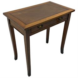 Matched pair of late 19th century side tables in walnut and oak, rectangular leather inset top over single moulded door, on square tapering supports with splayed feet, one table in walnut and the other in oak