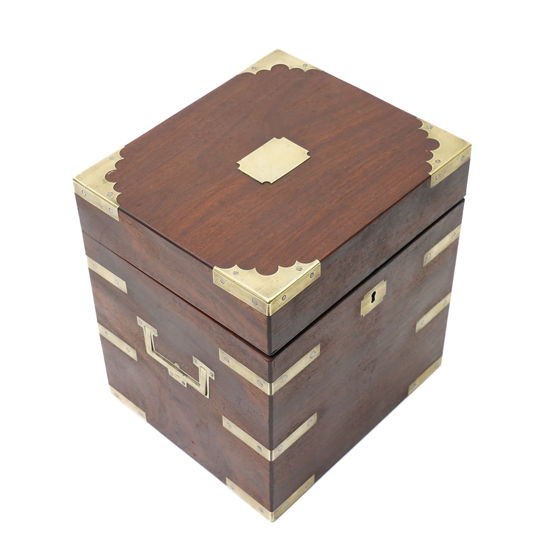 Victorian mahogany brass bound campaign style decanter box, with twin brass countersunk handles, containing four decanters, H23cm 