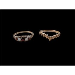 Two 9ct gold rings, comprising wishbone ring and five stone opal and garnet ring, both hallmarked