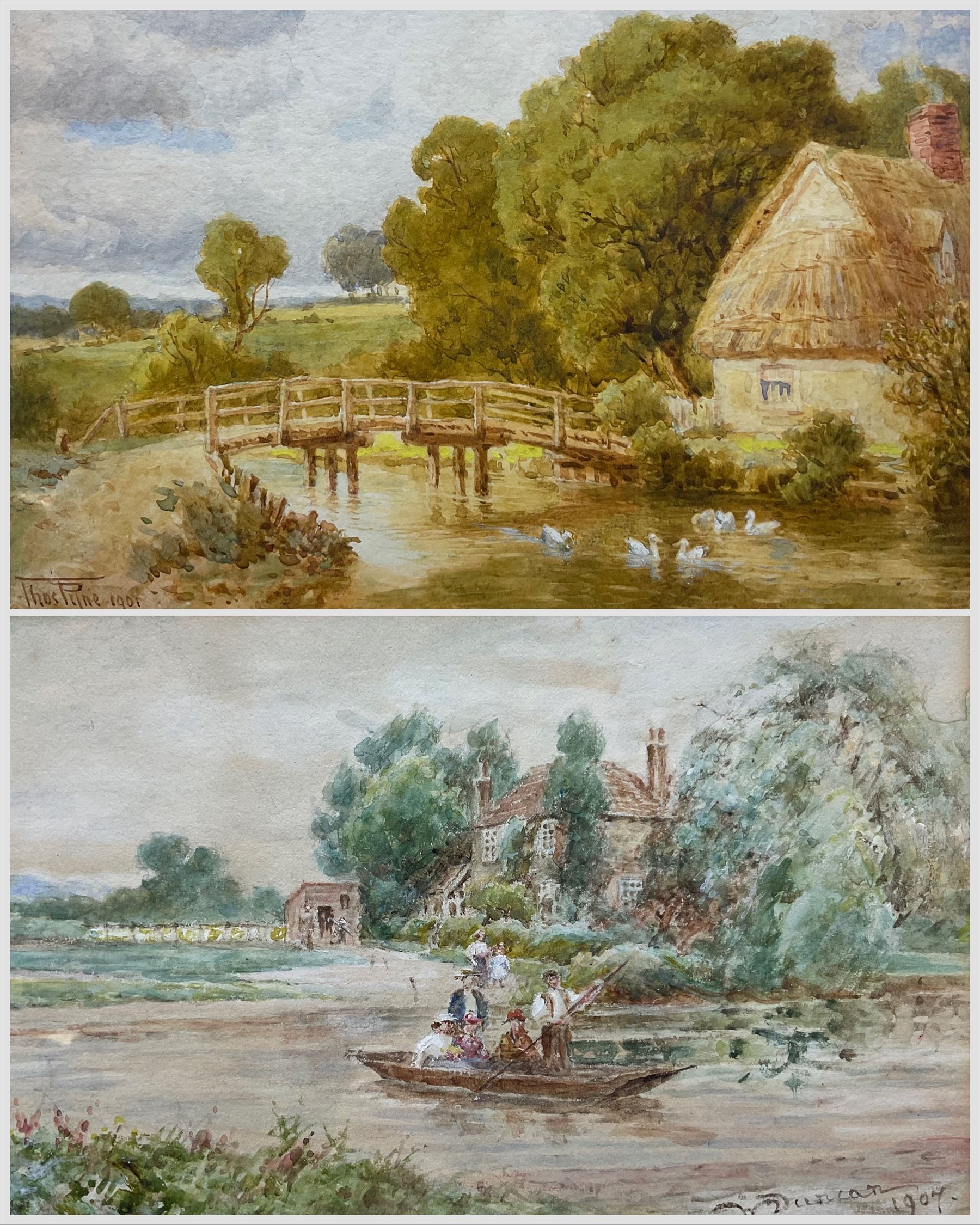 Thomas Pyne RI (British 1843-1935) Ducks in a Pond by a Bridge, watercolour signed and dated 1901, 13cm x 18cm; Walter Duncan (British 1848-1932): Punting on the River, watercolour signed and dated 1907, 13cm x 21.5cm (2)
