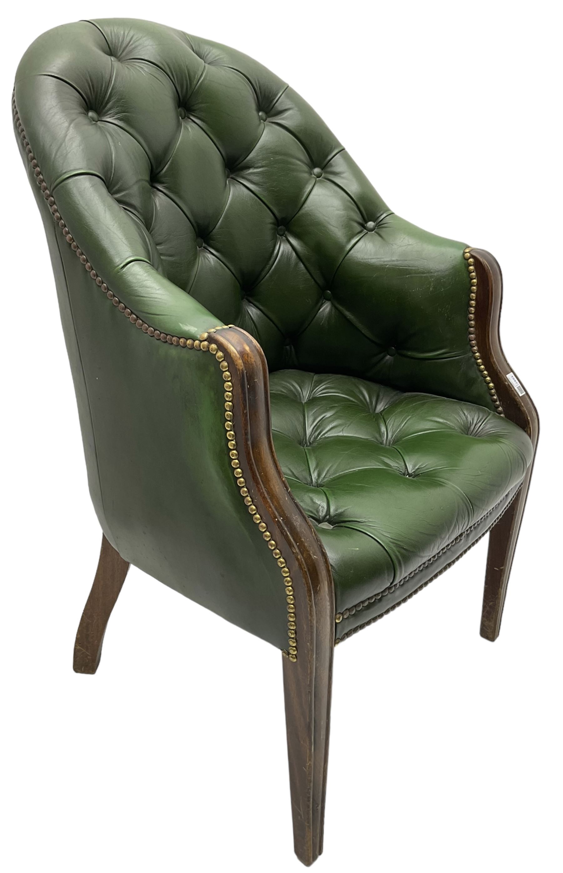 19th century design mahogany framed chesterfield library chair, upholstered in buttoned green leather with studwork, on square tapering supports